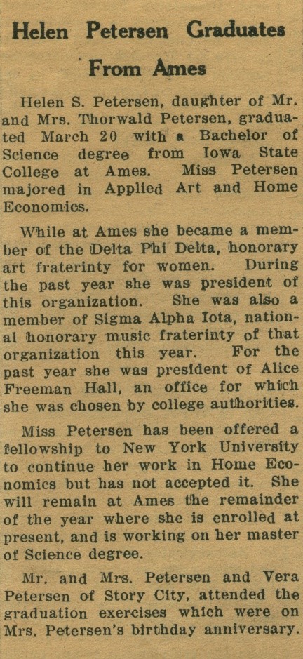 A newspaper article announcing Helen's graduation from Ames, 1936.