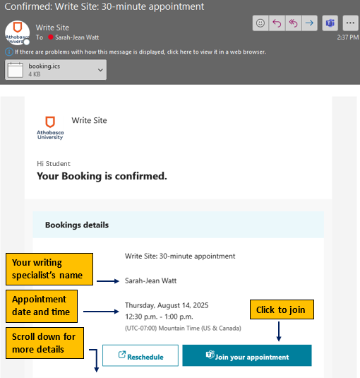 A screenshot of rescheduling a writing appointment